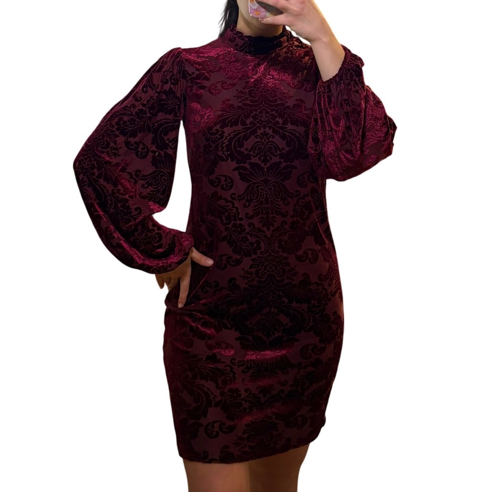Vince Camuto Dress Womens 6 Burgundy Burnout Velvet Damask Mock Neck Mini Shift - Picture 3 of 6